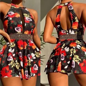 New Skirt Skort Dress Swimsuit Red Gold Floral Beachwear One Piece Bathing Suit